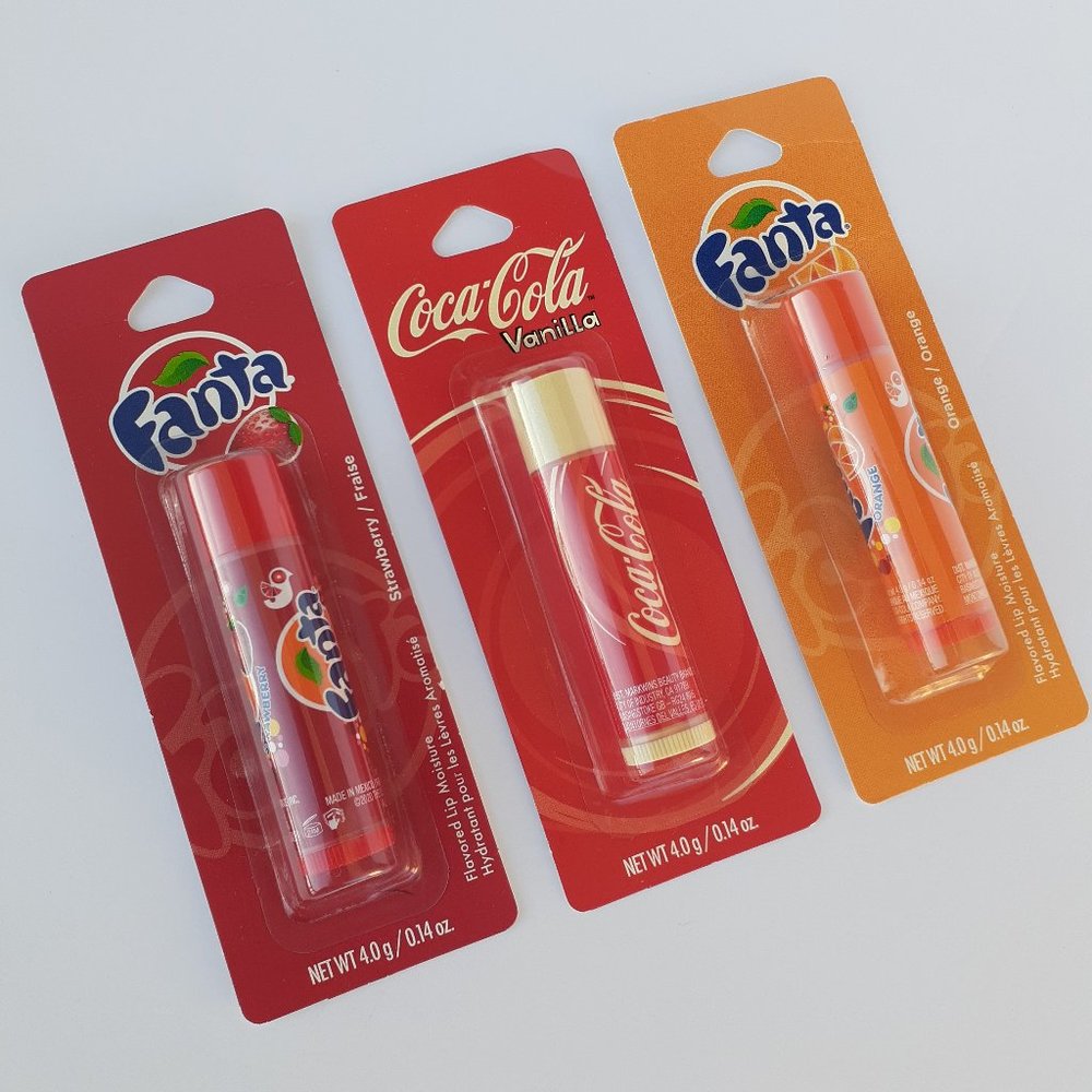 Lot of 3  Fanta Strawberry + Coca-Cola + Fanta Orange Lip Balms